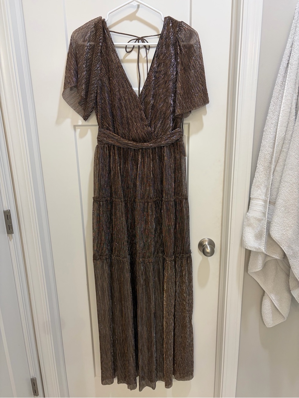 Metallic Brown Flutter-Sleeve Maxi Dress